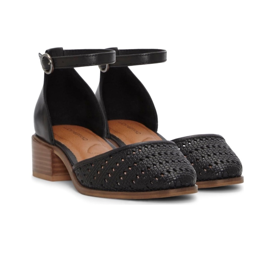 Lucky Brand Black Woven Block Heel Ankle Strap Pumps